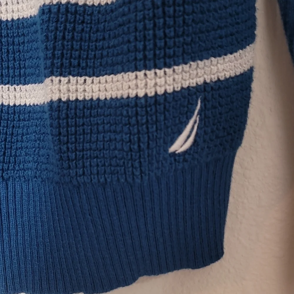 Vintage Nautica Mens 100% Cotton Crewneck Sweater Size L Blue White Stripe Y2K